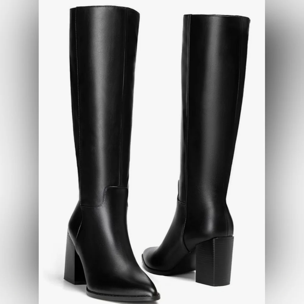 vivianly Women's Wide Knee-High Boots, Pointed Toe Block Heel Zipper, Fashion - Picture 3 of 7